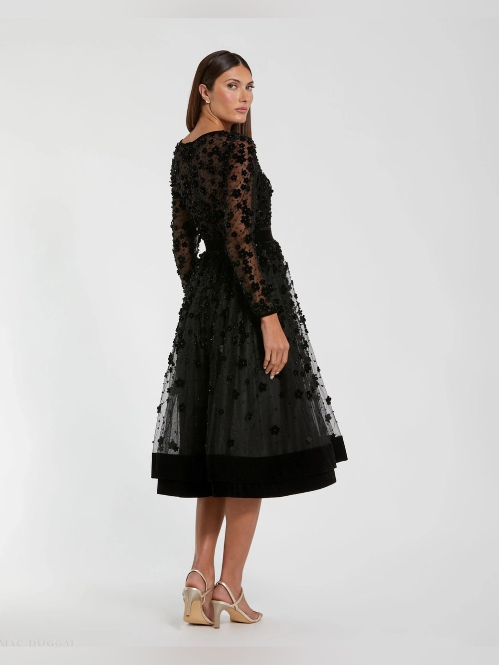 NWT MAC DUGGAL Black Embellished Long Sleeve Velvet Trim A-Line Midi Dress SZ 8